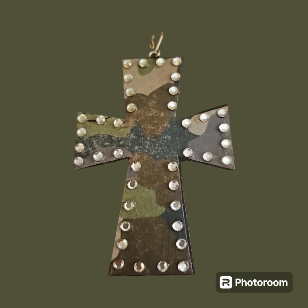 3/$30 Bedazzled Camouflage Wood Cross Pendant
